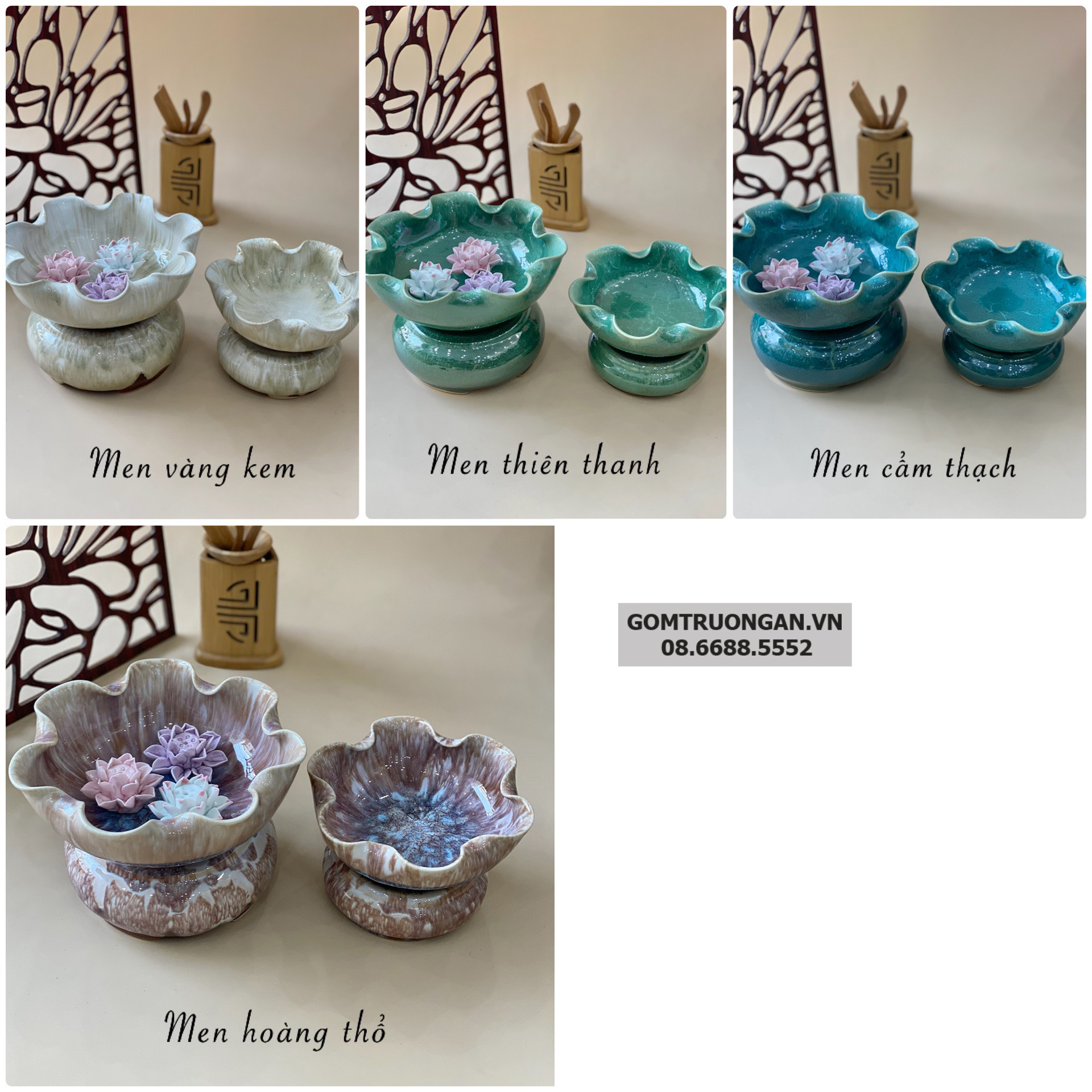 Bát thả hoa thần tài  đường kính 24cm men hỏa biến thiên thanh kèm chân đế(không bao gồm sen sứ) 5